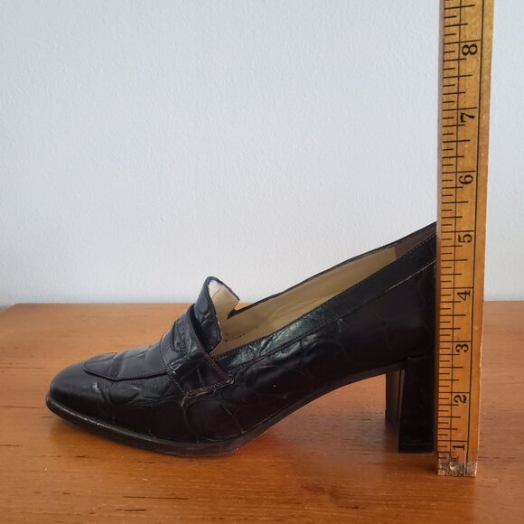 Joan & David W 7.5 Italy handmade Burgundy Croc Leather Heeled Penny loafer A213 - Picture 10 of 12